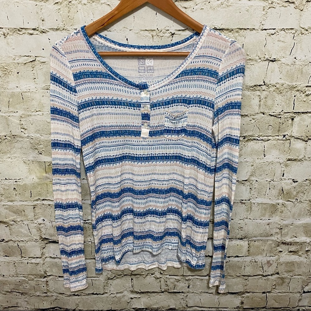 Nollie White Blue Print Long Sleeve Pocket Henley Top